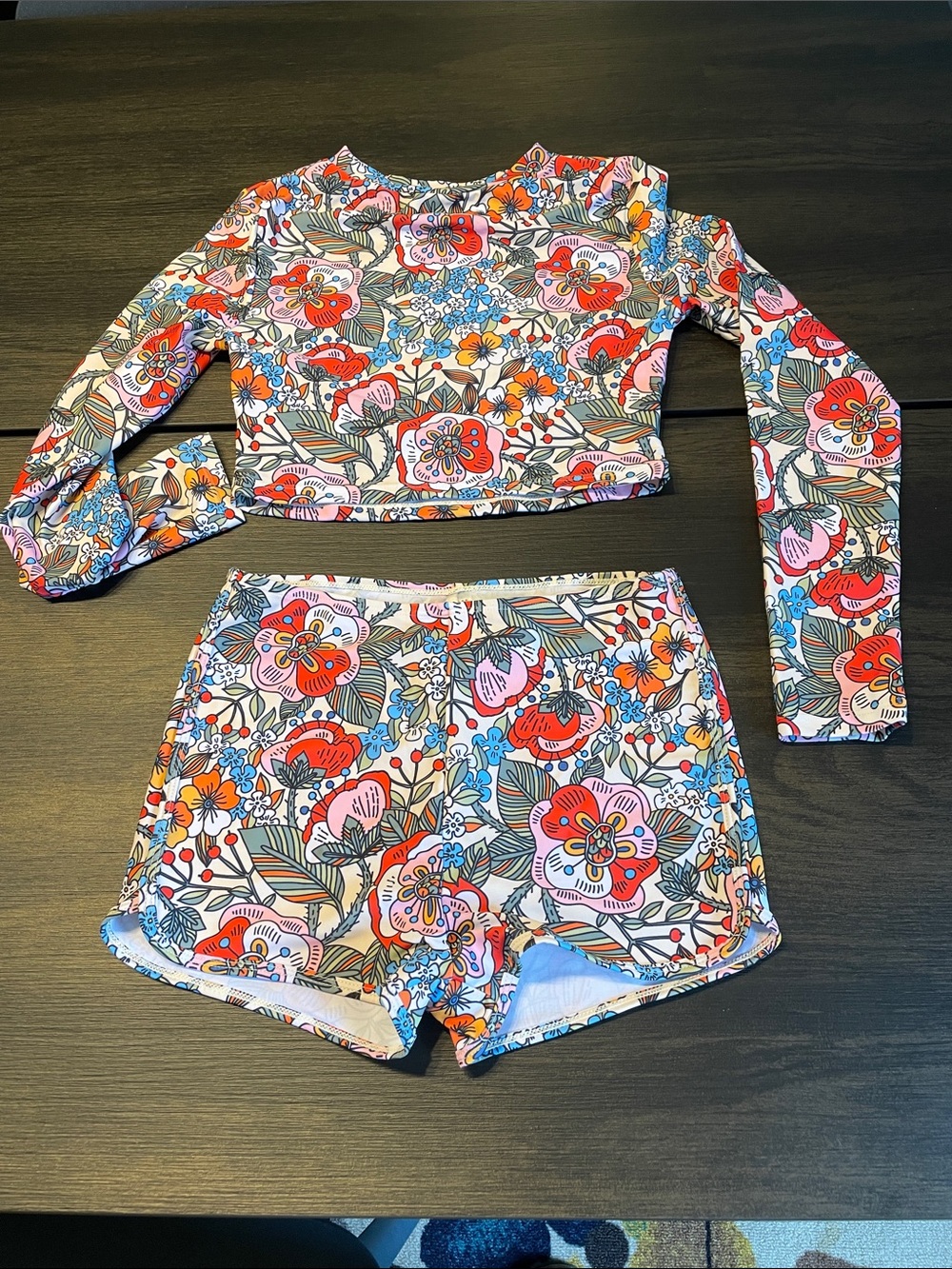 Swimsuit-Floral Two-Piece Long Sleeve Crop Top & Shorts